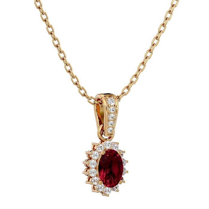 Garnet Necklace: Garnet Jewelry: 1 1/3 Carat Oval Shape Garnet and Diamond Necklace In 14 Karat Yellow Gold, 18 Inches