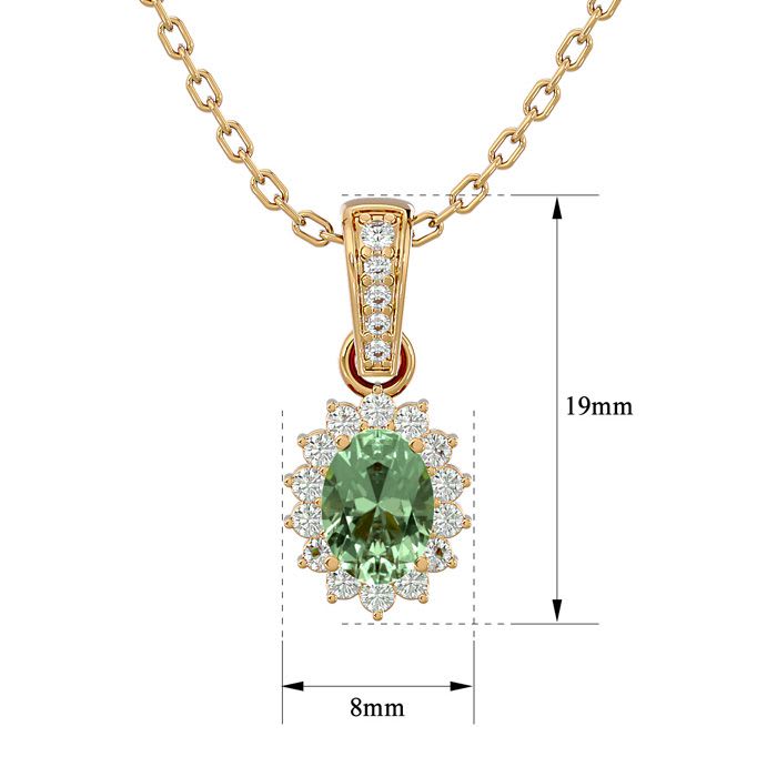 1 Carat Oval Shape Green Amethyst and Diamond Necklace In 14 Karat Yellow Gold, 18 Inches