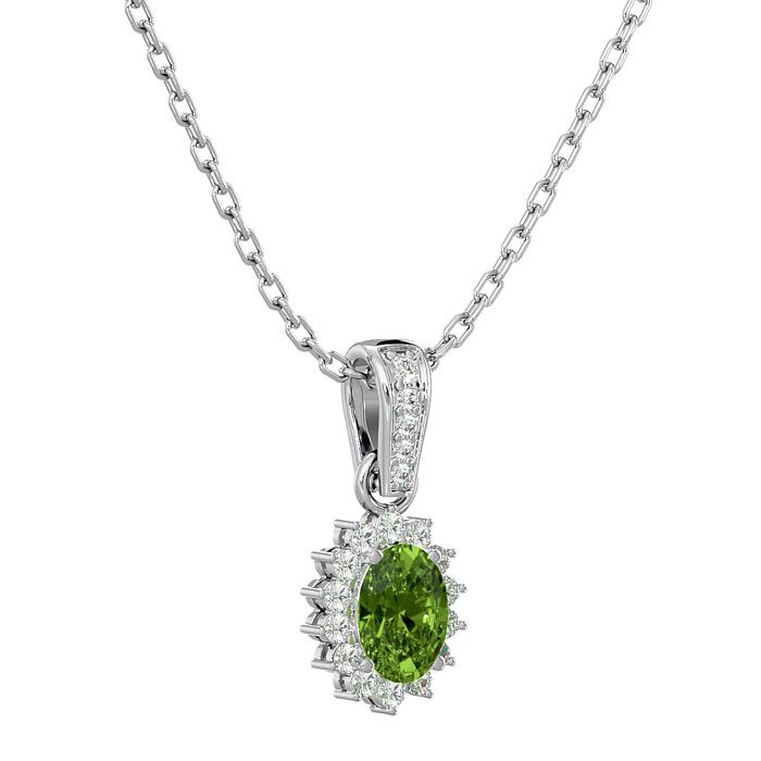 1 1/3 Carat Oval Shape Peridot and Diamond Necklace In 14 Karat White Gold, 18 Inches