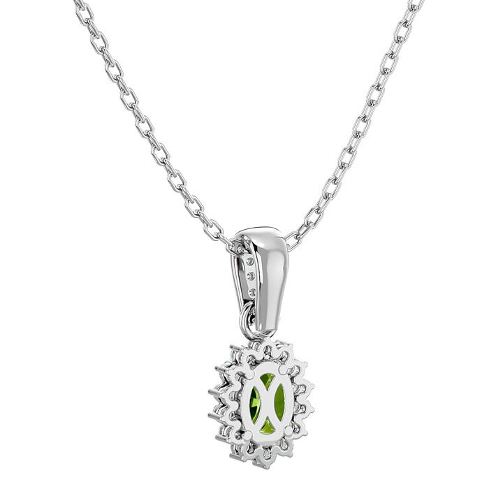 1 1/3 Carat Oval Shape Peridot and Diamond Necklace In 14 Karat White Gold, 18 Inches