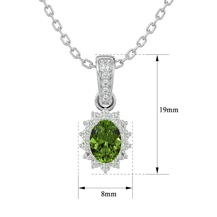 1 1/3 Carat Oval Shape Peridot and Diamond Necklace In 14 Karat White Gold, 18 Inches
