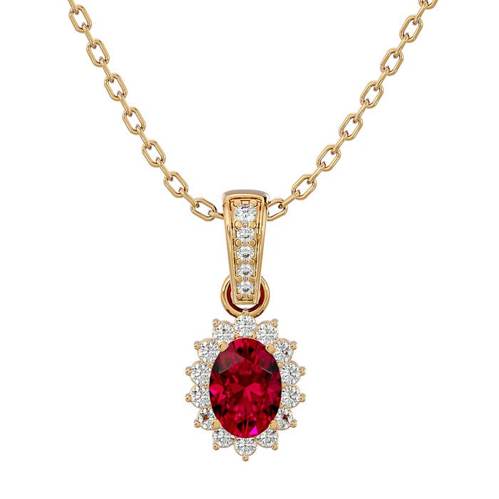 1 1/3 Carat Oval Shape Ruby and Diamond Necklace In 14 Karat Yellow Gold, 18 Inches