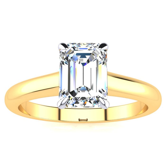 Moissanite Engagement Ring; 1 Carat Emerald Shape Moissanite Solitaire Engagement Ring In 14 Karat Yellow Gold