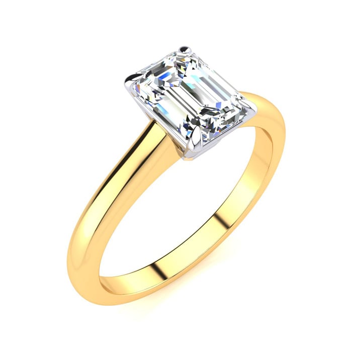 Moissanite Engagement Ring; 1 Carat Emerald Shape Moissanite Solitaire Engagement Ring In 14 Karat Yellow Gold