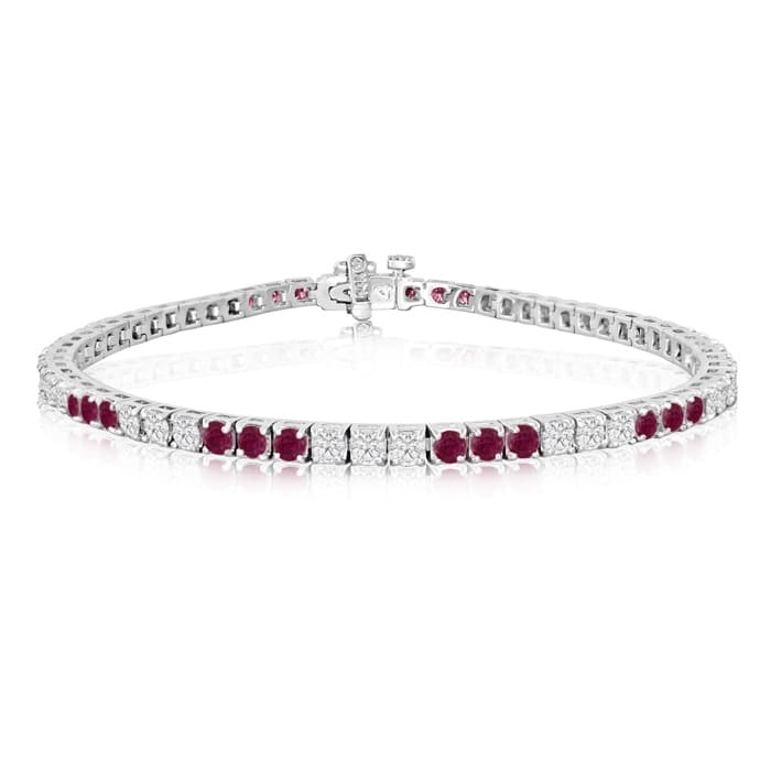 Ruby Bracelet; Ruby Tennis Bracelet; 5 Carat Ruby and Diamond Bracelet In 14 Karat White Gold