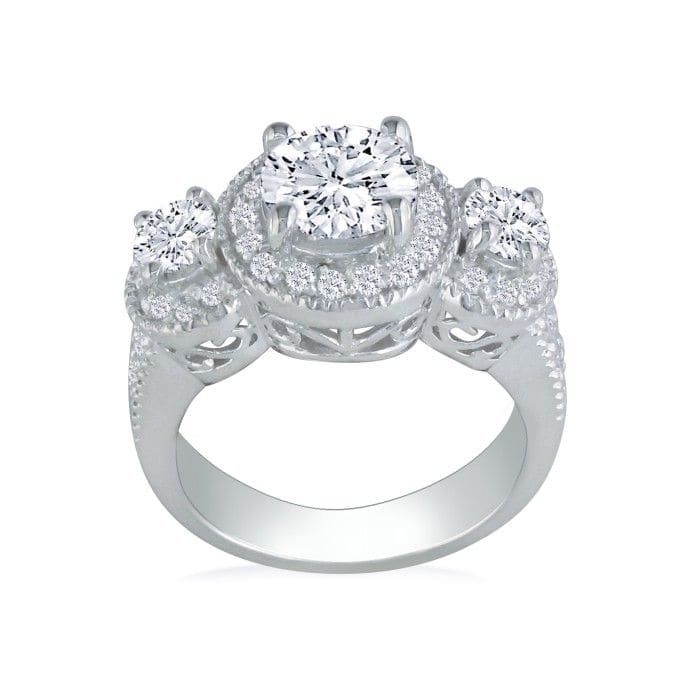 2 3/4 Carat Halo Three Diamond Ring in 14k White Gold