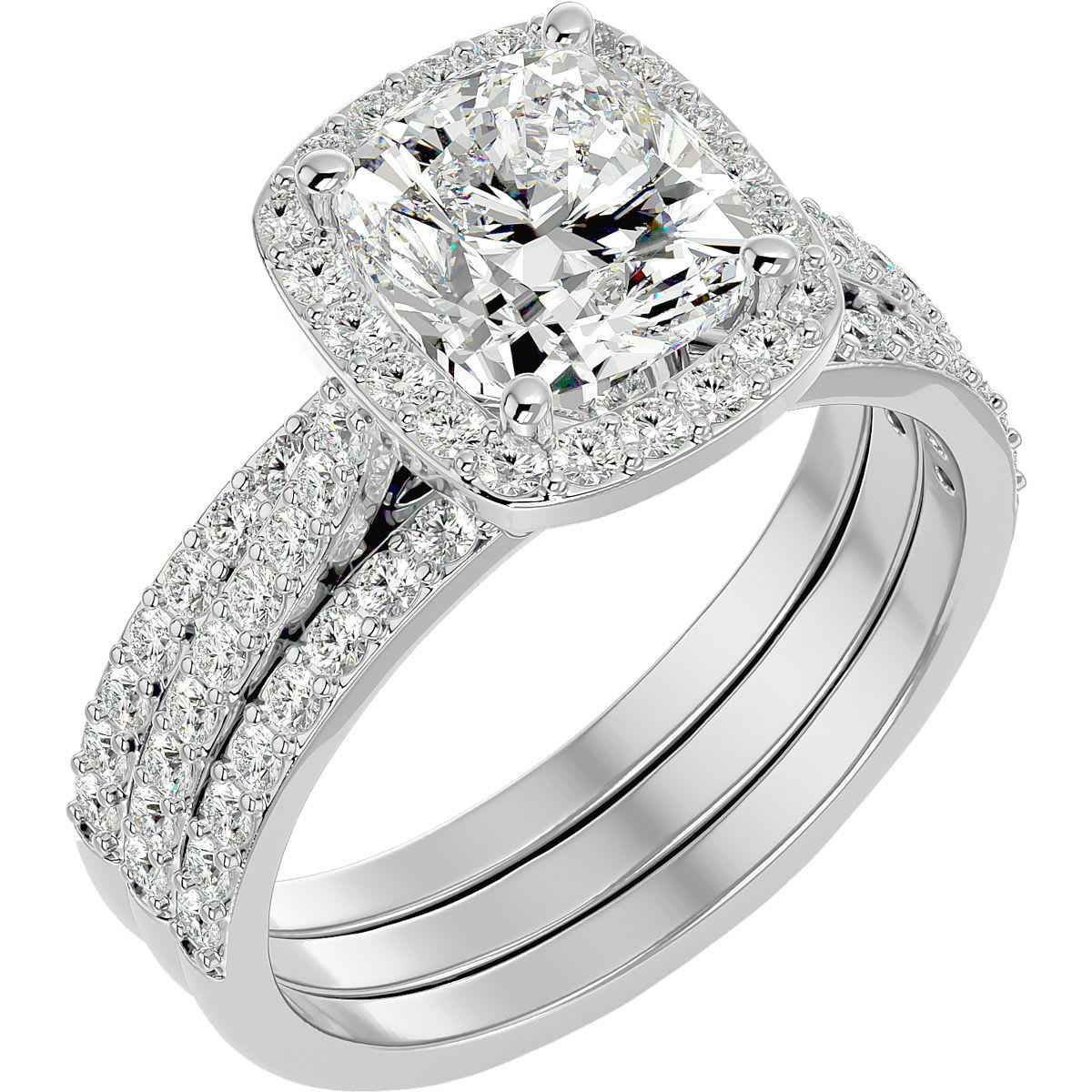 Moissanite Engagement Ring; 3 1/4 Carat Cushion Cut Halo Moissanite Bridal Set In 14 Karat White Gold