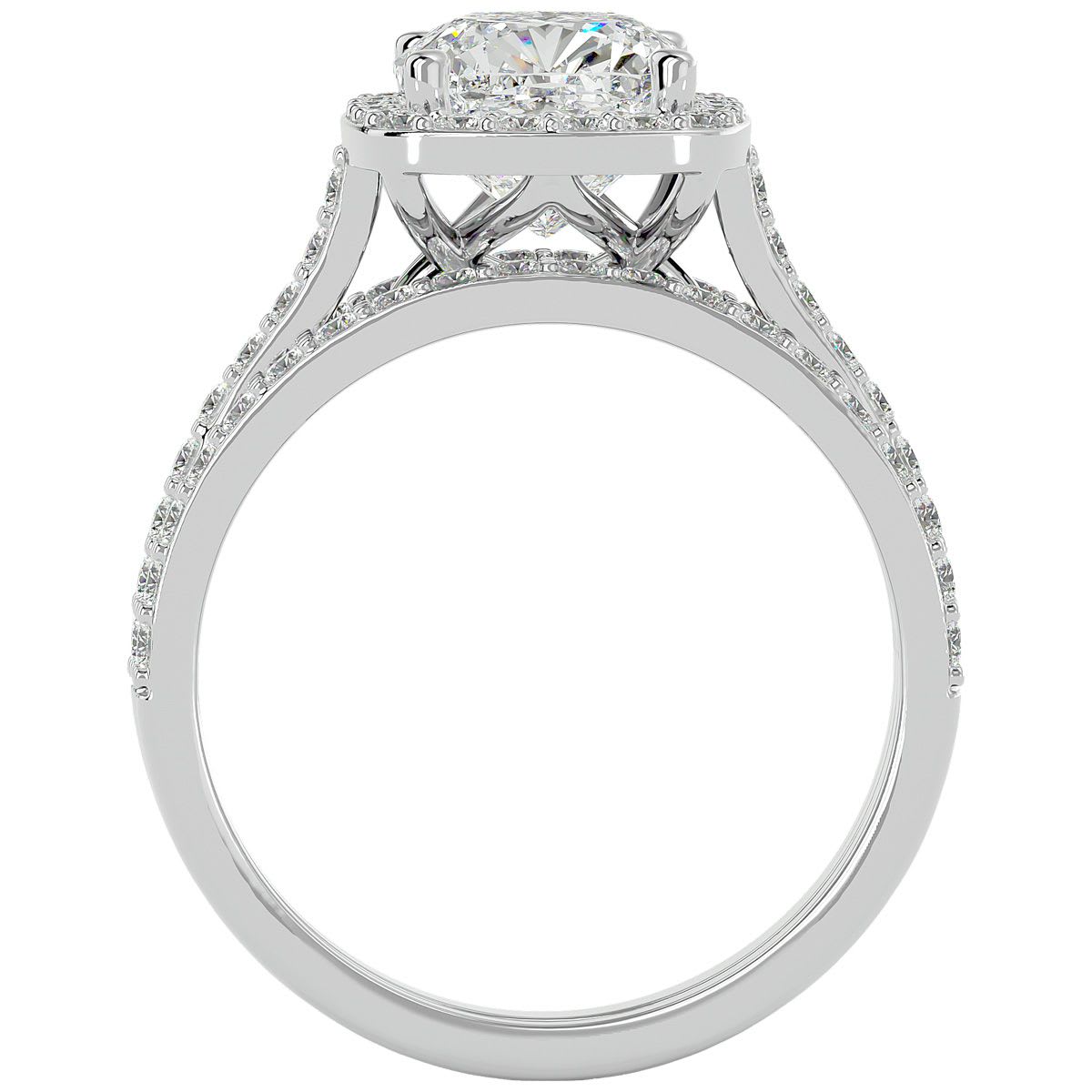 Moissanite Engagement Ring; 3 1/4 Carat Cushion Cut Halo Moissanite Bridal Set In 14 Karat White Gold