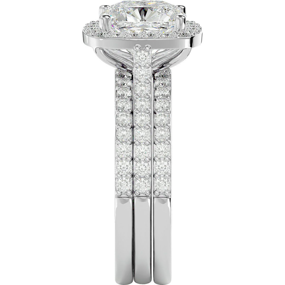 Moissanite Engagement Ring; 3 1/4 Carat Cushion Cut Halo Moissanite Bridal Set In 14 Karat White Gold