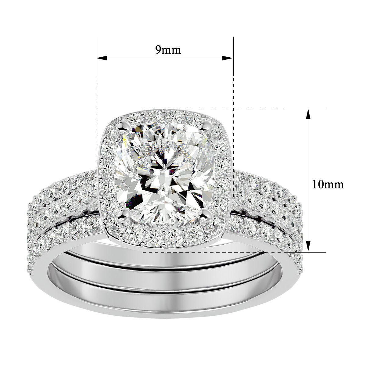 Moissanite Engagement Ring; 3 1/4 Carat Cushion Cut Halo Moissanite Bridal Set In 14 Karat White Gold