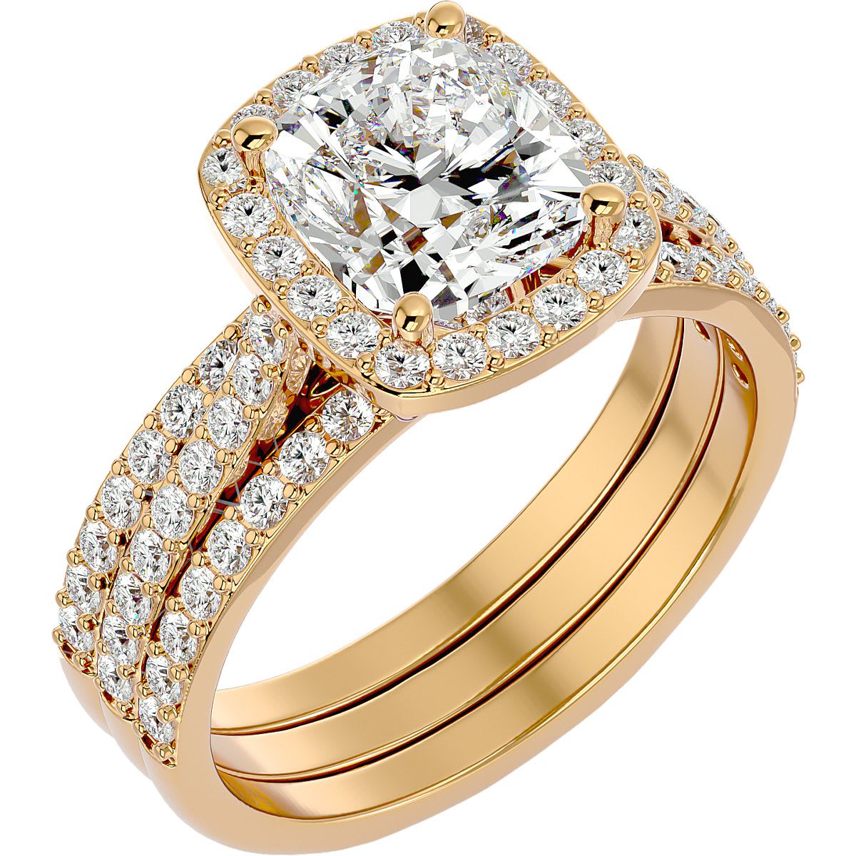 Moissanite Engagement Ring; 3 1/4 Carat Cushion Cut Halo Moissanite Bridal Set In 14 Karat Yellow Gold