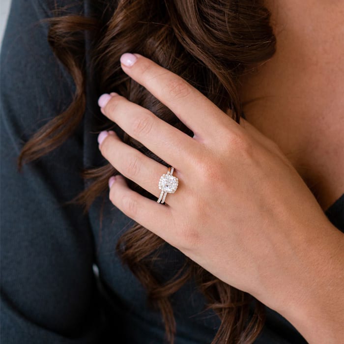 Moissanite Engagement Ring; 3 1/4 Carat Cushion Cut Halo Moissanite Bridal Set In 14 Karat Yellow Gold