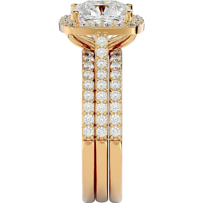 Moissanite Engagement Ring; 3 1/4 Carat Cushion Cut Halo Moissanite Bridal Set In 14 Karat Yellow Gold