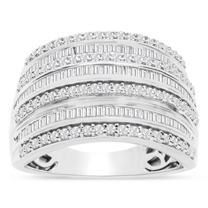 1 Carat Baguette and Round Colorless Diamond Band Ring In Sterling Silver