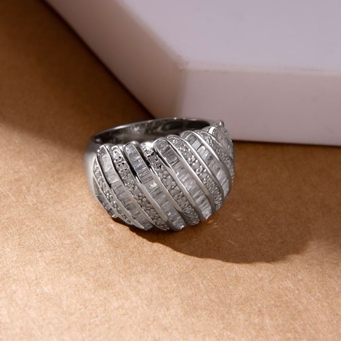 1 Carat Baguette and Round Colorless Diamond Dome Band Ring In Sterling Silver. Brand New Amazing Ring!