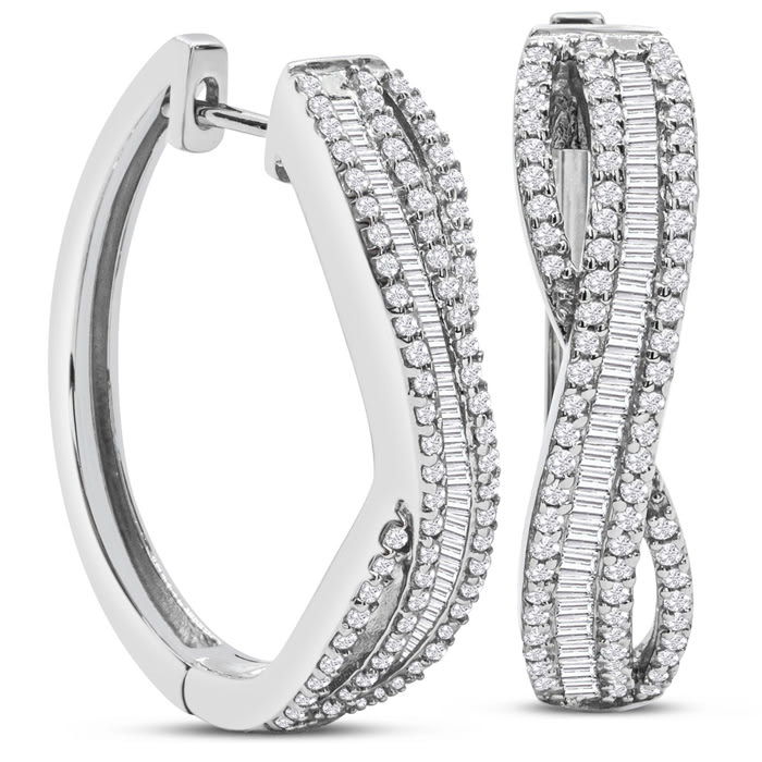1 Carat Baguette and Round Colorless Diamond Swirl Hoop Earrings In Sterling Silver. These Are Fabulous New Earrings