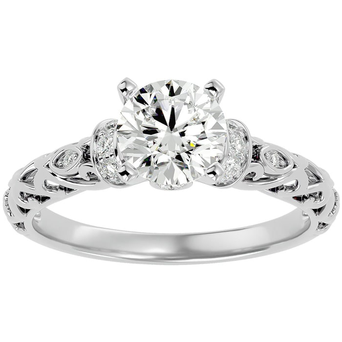 Moissanite Engagement Ring; 1 3/4 Carat Vintage Moissanite Engagement Ring In 14 Karat White Gold