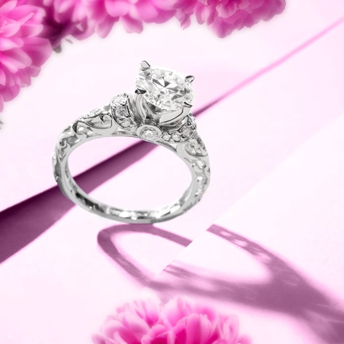 Moissanite Engagement Ring; 1 3/4 Carat Vintage Moissanite Engagement Ring In 14 Karat White Gold