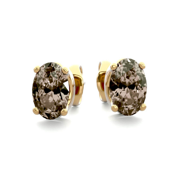 1 Carat Oval Shape Smoky Quartz Stud Earrings In 14K Yellow Gold Over Sterling Silver