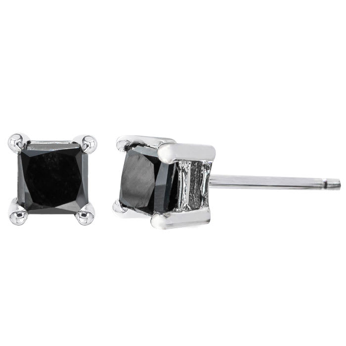 1/2 Carat Princess Cut Black Diamond Stud Earrings In Sterling Silver