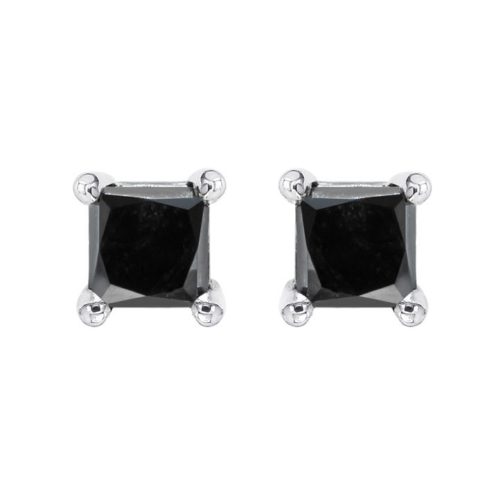 1/2 Carat Princess Cut Black Diamond Stud Earrings In Sterling Silver