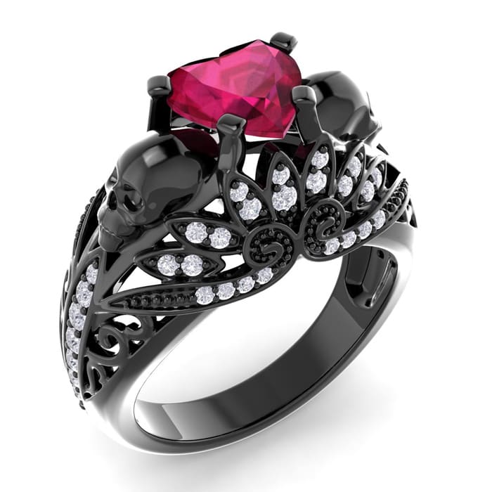 2 Carat Heart Shape Ruby and Diamond Ring With Skulls In Black Rhodium