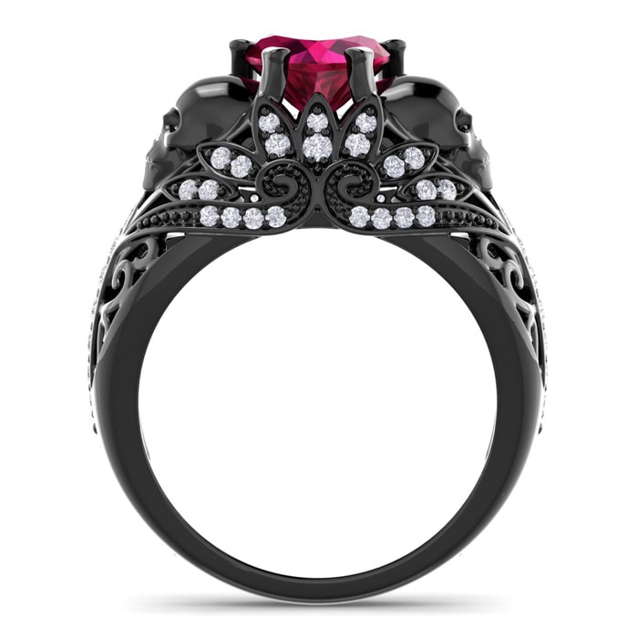 2 Carat Heart Shape Ruby and Diamond Ring With Skulls In Black Rhodium
