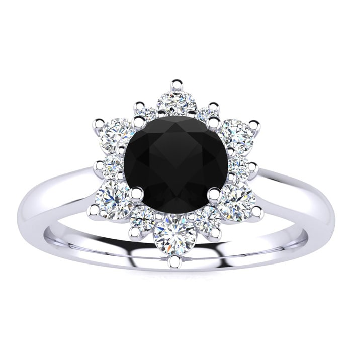 1 1/2 Carat Round Shape Flower Halo Black Moissanite Engagement Ring In 14K White Gold