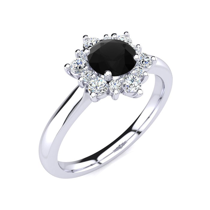 1 1/2 Carat Round Shape Flower Halo Black Moissanite Engagement Ring In 14K White Gold