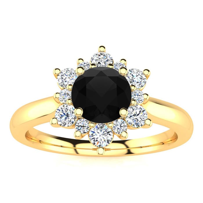1 1/2 Carat Round Shape Flower Halo Black Moissanite Engagement Ring In 14K Yellow Gold
