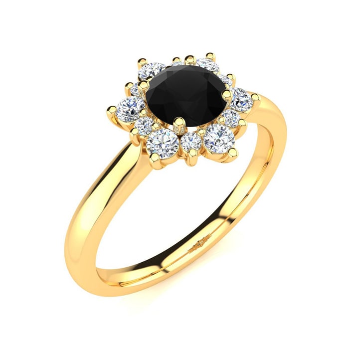 1 1/2 Carat Round Shape Flower Halo Black Moissanite Engagement Ring In 14K Yellow Gold
