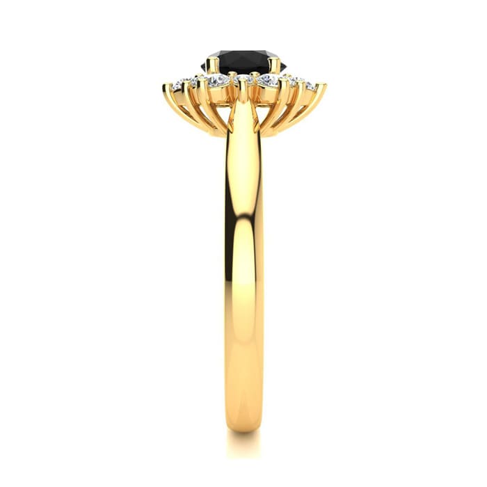 1 1/2 Carat Round Shape Flower Halo Black Moissanite Engagement Ring In 14K Yellow Gold