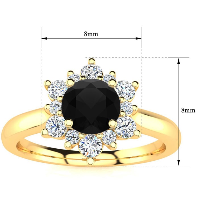 1 1/2 Carat Round Shape Flower Halo Black Moissanite Engagement Ring In 14K Yellow Gold