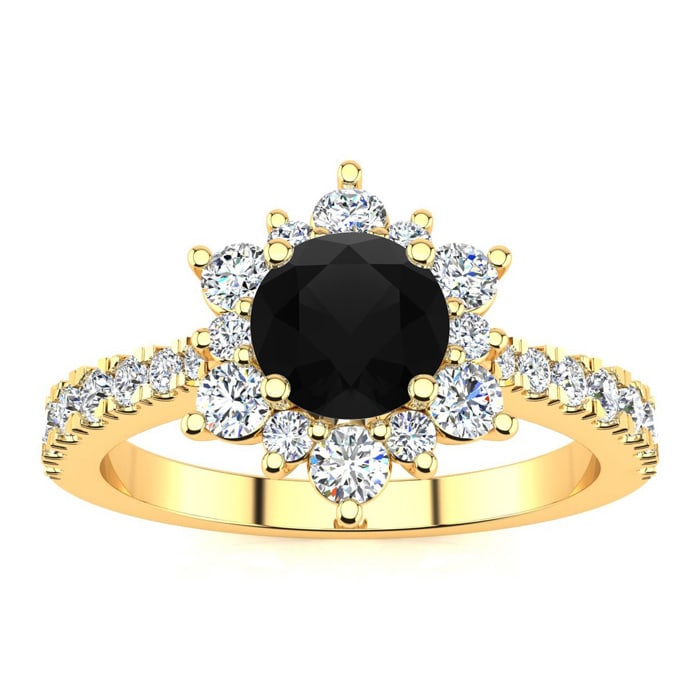 2 Carat Round Shape Flower Halo Black Moissanite Engagement Ring In 14K Yellow Gold