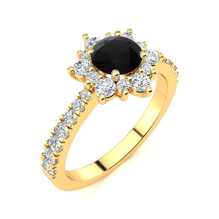 2 Carat Round Shape Flower Halo Black Moissanite Engagement Ring In 14K Yellow Gold