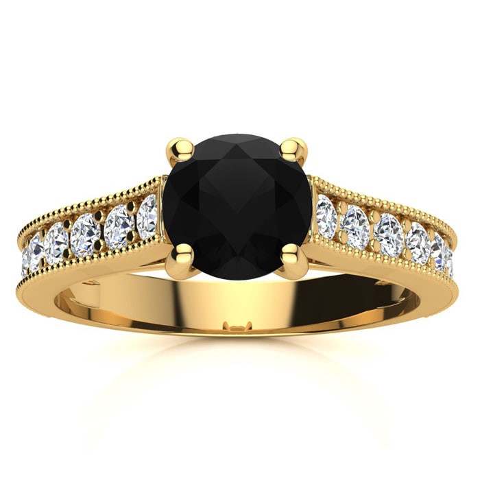 1 1/2 Carat Round Shape Black Moissanite Engagement Ring In 14 Karat Yellow Gold