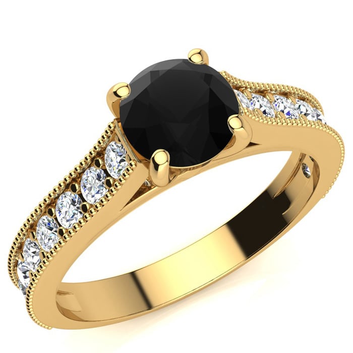 1 1/2 Carat Round Shape Black Moissanite Engagement Ring In 14 Karat Yellow Gold