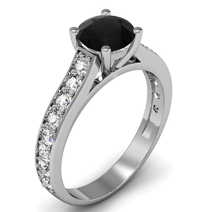1 1/2 Carat Round Shape Black Moissanite Engagement Ring In 14 Karat White Gold