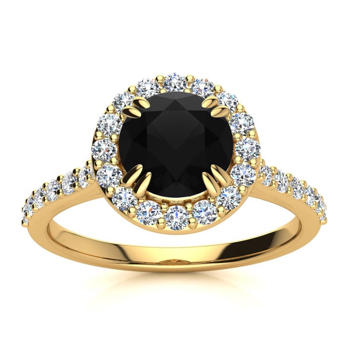 1 1/4 Carat Round Shape Halo Black Moissanite Engagement Ring In 14 Karat Yellow Gold