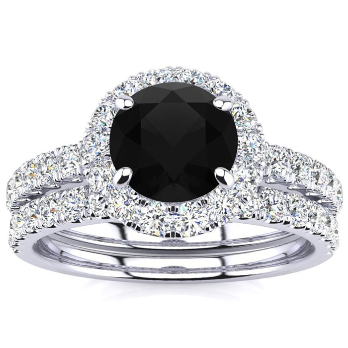 2 Carat Round Black Moissanite Halo Bridal Set In 14 Karat White Gold