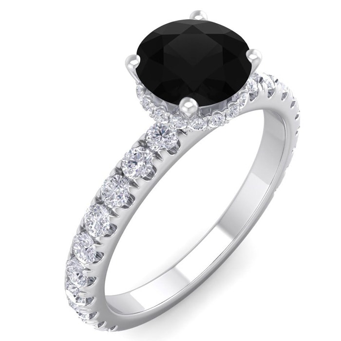 1 1/2 Carat Round Shape Hidden Halo Black Moissanite Engagement Ring In 14 Karat White Gold