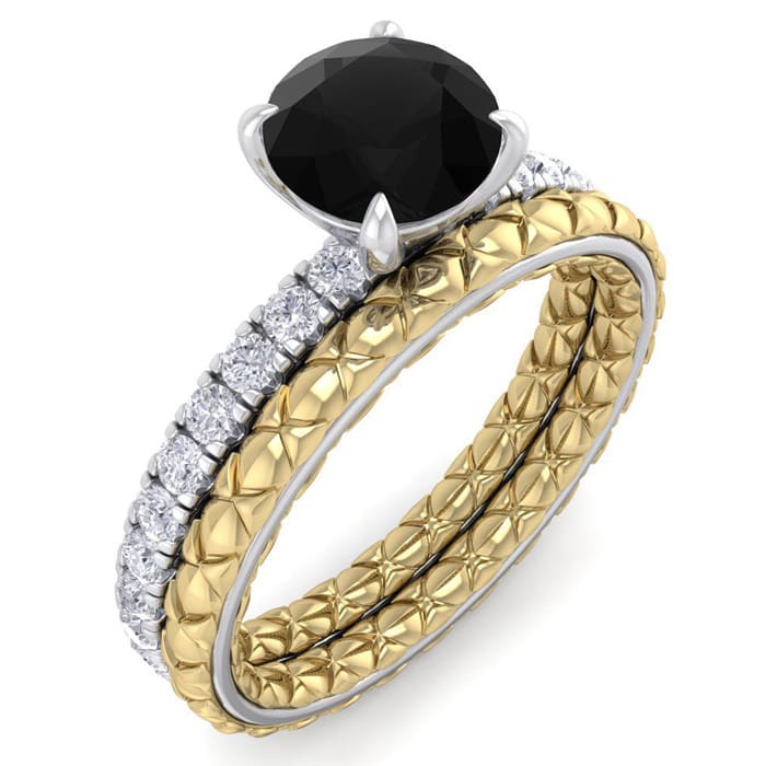 1 1/2 Carat Round Shape Black Moissanite Bridal Set In Quilted 14 Karat White and Yellow Gold