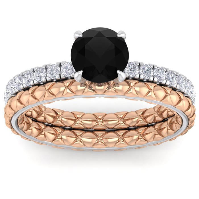1 1/2 Carat Round Shape Black Moissanite Bridal Set In Quilted 14 Karat White and Rose Gold
