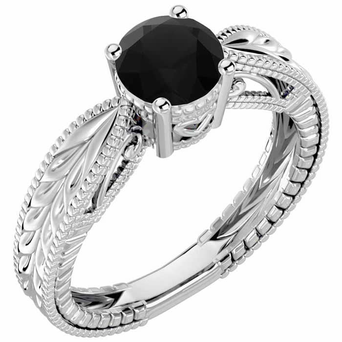 1 Carat Black Moissanite Solitaire Engagement Ring with Tapered Etched Band In 14 Karat White Gold