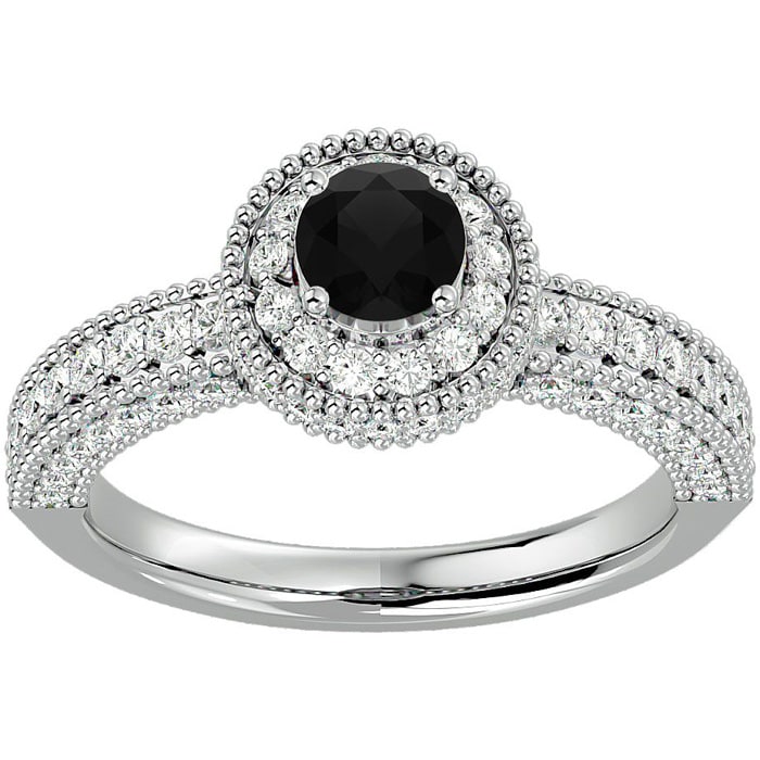 1 1/2 Carat Black Moissanite Halo Engagement Ring In 14 Karat White Gold