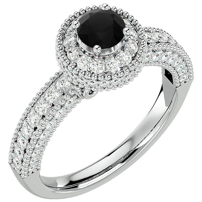 1 1/2 Carat Black Moissanite Halo Engagement Ring In 14 Karat White Gold
