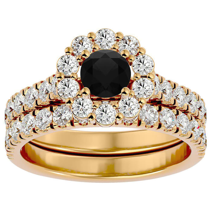 2 Carat Halo Black Moissanite Bridal Set In 14 Karat Yellow Gold
