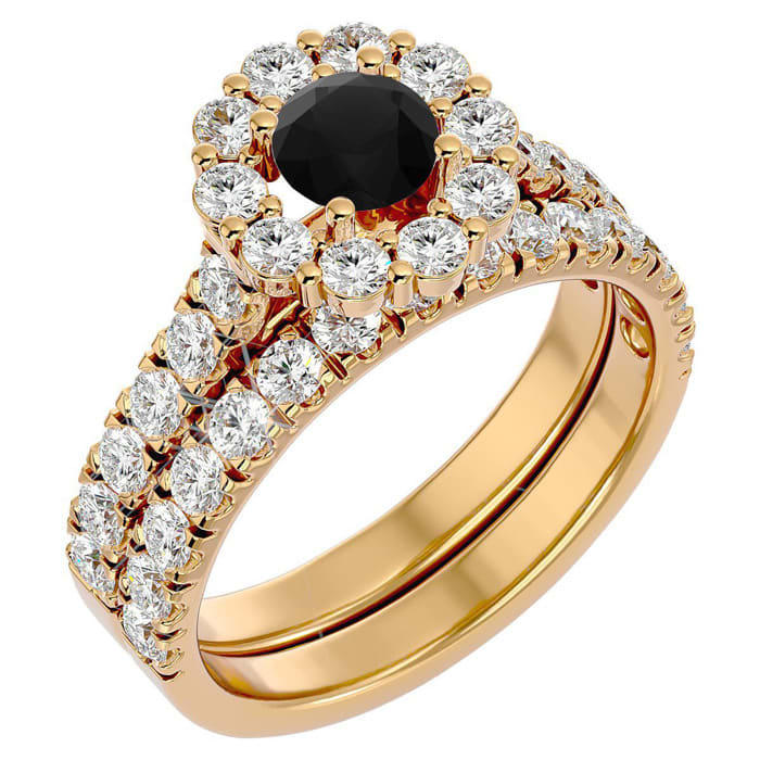 2 Carat Halo Black Moissanite Bridal Set In 14 Karat Yellow Gold
