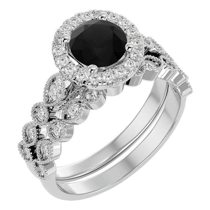 1 1/2 Carat Halo Black Moissanite Bridal Set In 14 Karat White Gold