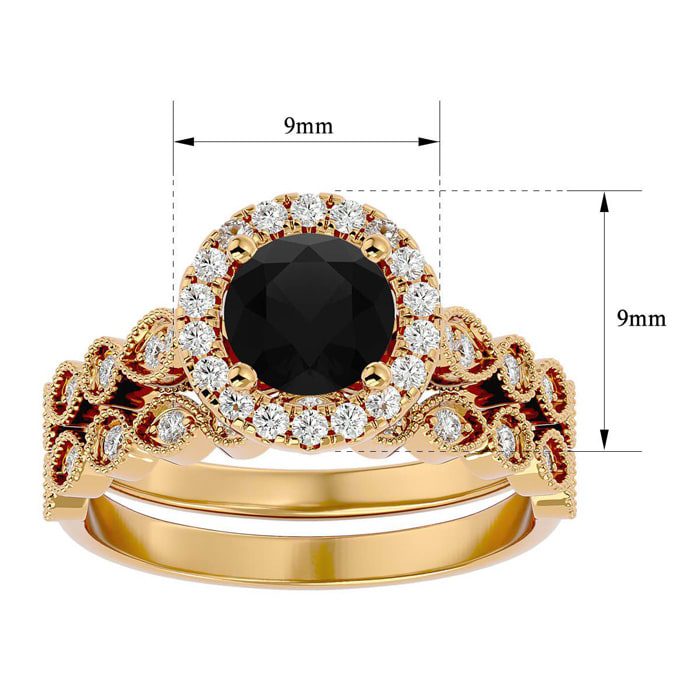 1 1/2 Carat Halo Black Moissanite Bridal Set In 14 Karat Yellow Gold